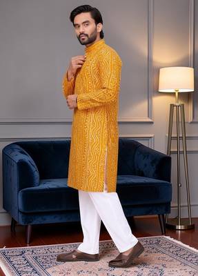 Yellow bandhej printed straight men kurta with foil work 5