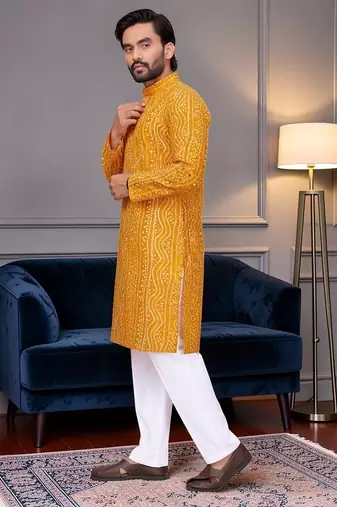 Yellow bandhej printed straight men kurta with foil work