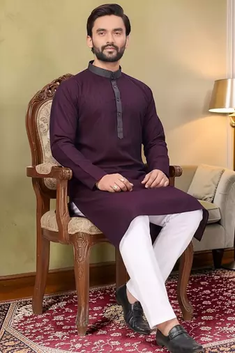 Purple solid linen silk straight men kurta