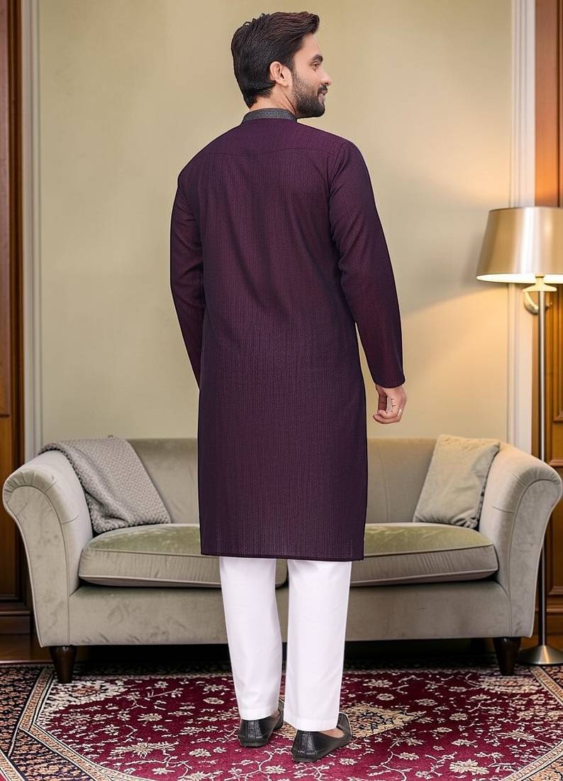 Purple solid linen silk straight men kurta