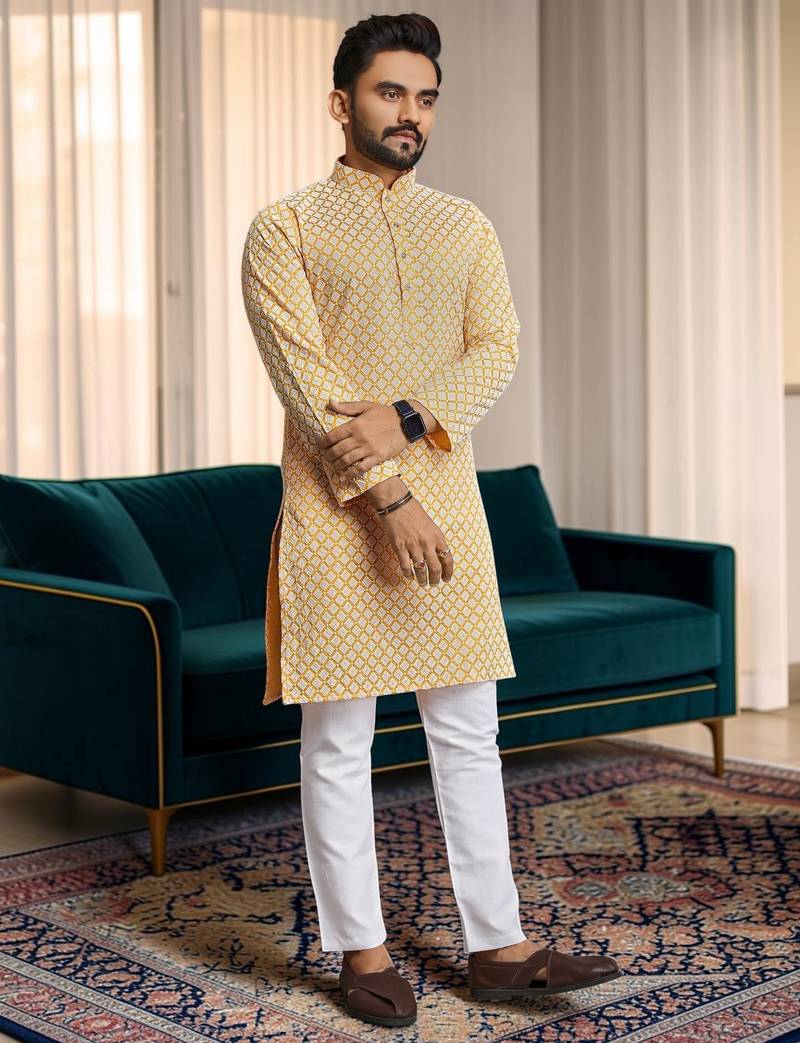 Yellow chikankari embroidered art silk straight men kurta