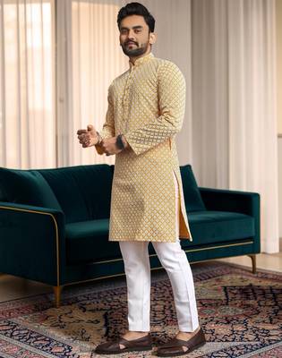 Yellow chikankari embroidered art silk straight men kurta 4