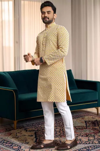 Yellow chikankari embroidered art silk straight men kurta