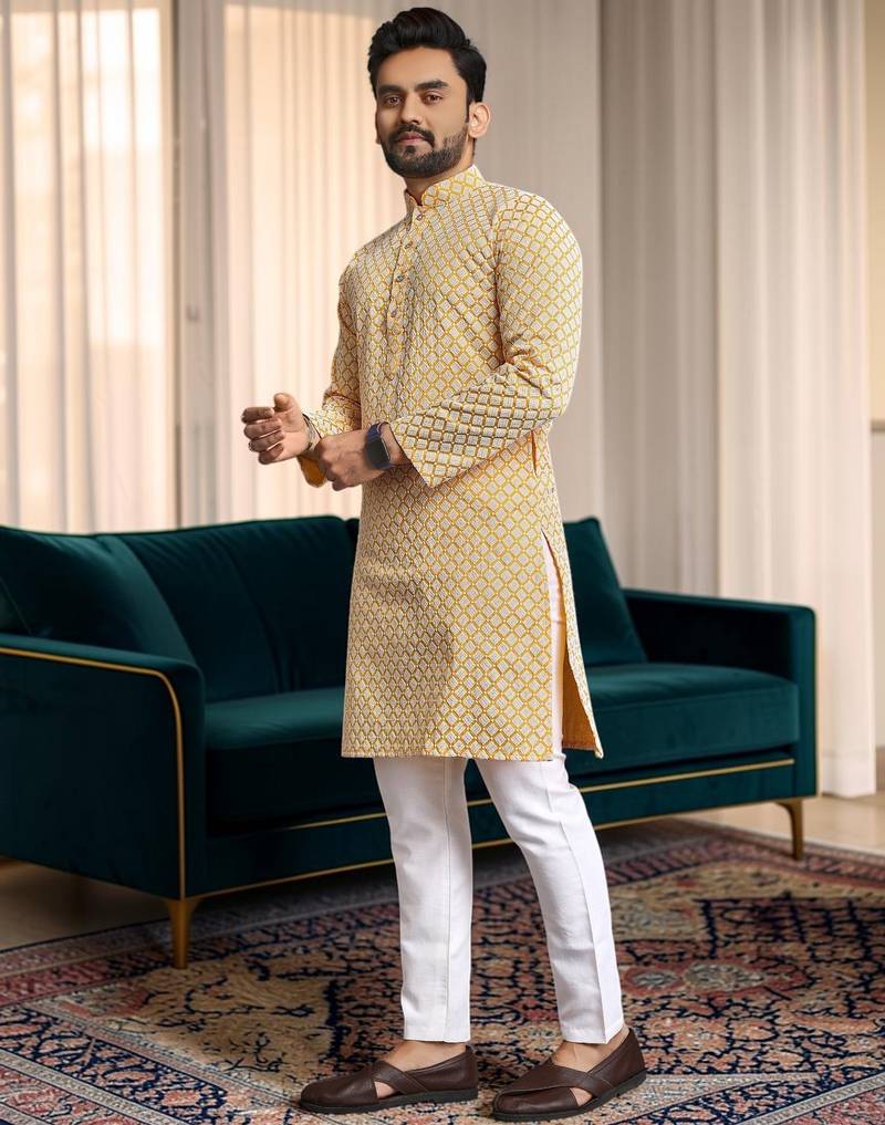 Yellow chikankari embroidered art silk straight men kurta
