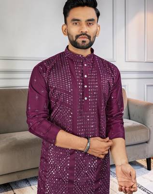 Purple silk sequence embroidered men kurta 2