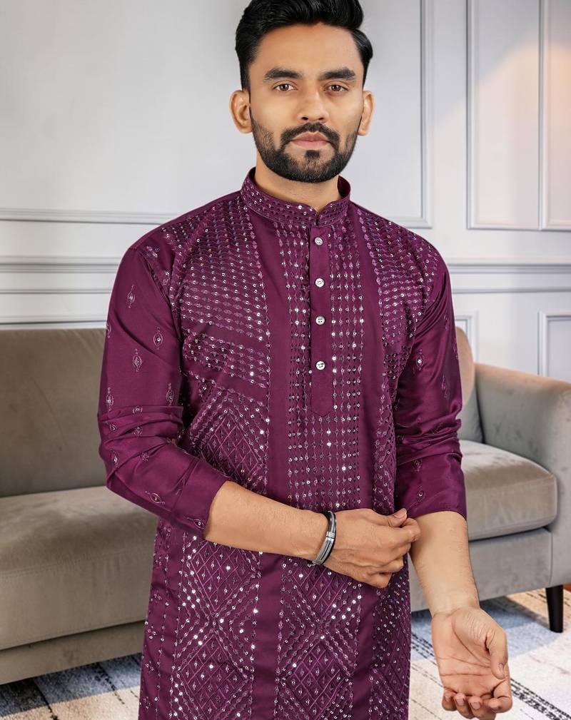 Purple silk sequence embroidered men kurta