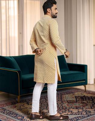 Yellow chikankari embroidered art silk straight men kurta 5