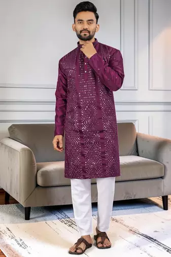 Purple silk sequence embroidered men kurta