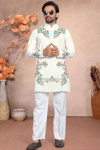 White solid silk men kurta with embroidered neck