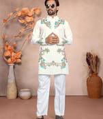 White solid silk men kurta with embroidered neck