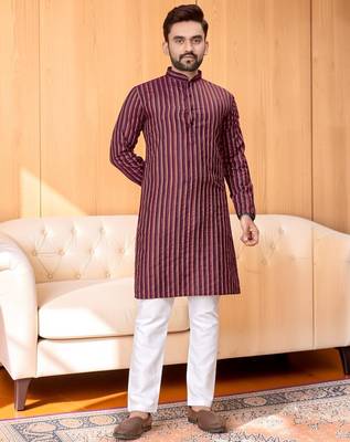 Maroon striped woven cotton straight men kurta 1