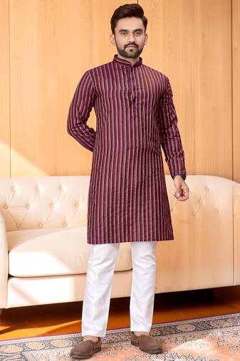Maroon striped woven cotton straight men kurta