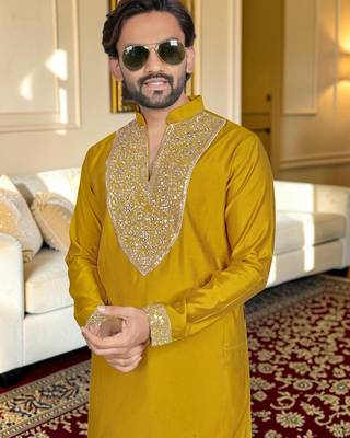 Yellow solid silk men kurta with handwork embroidered neck 2