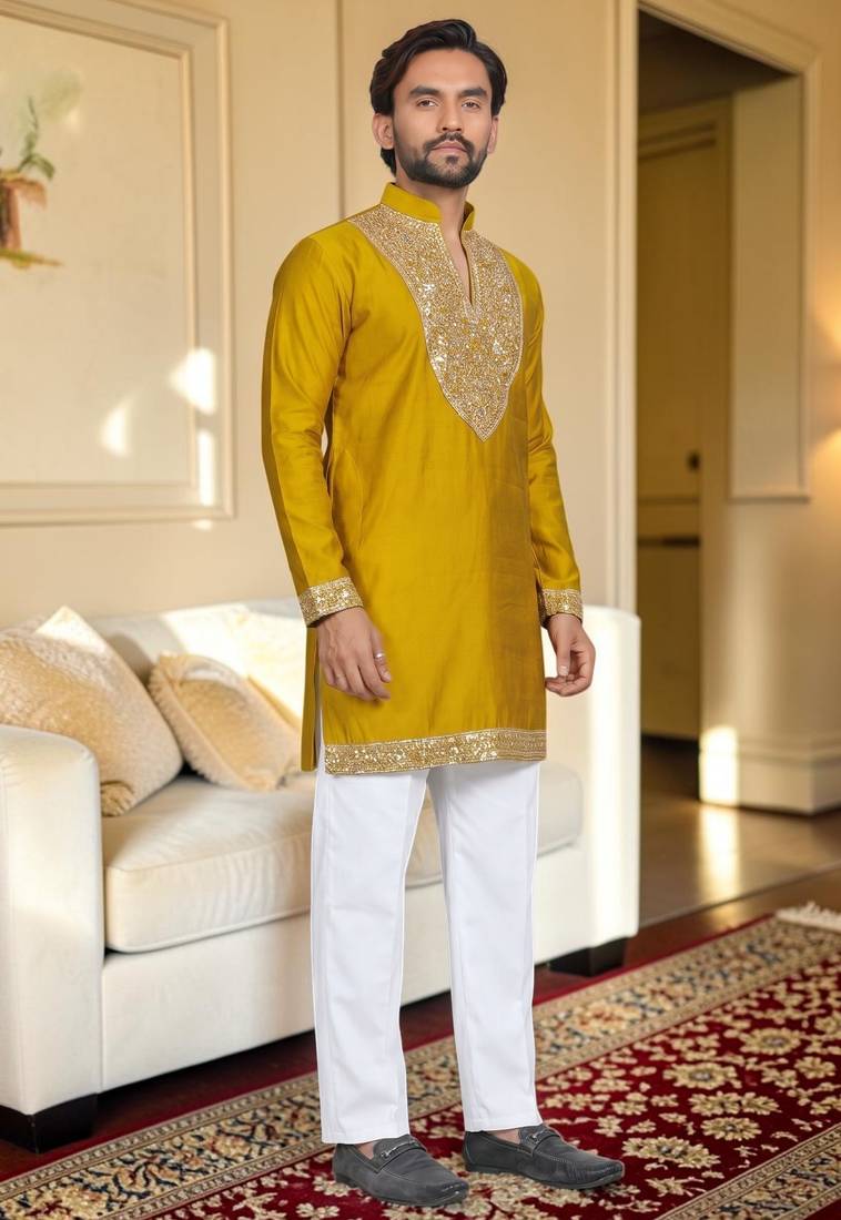 Yellow solid silk men kurta with handwork embroidered neck