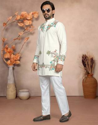 White solid silk men kurta with embroidered neck 3