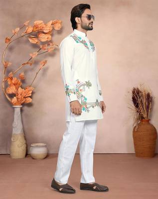 White solid silk men kurta with embroidered neck 4