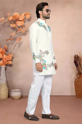 White solid silk men kurta with embroidered neck