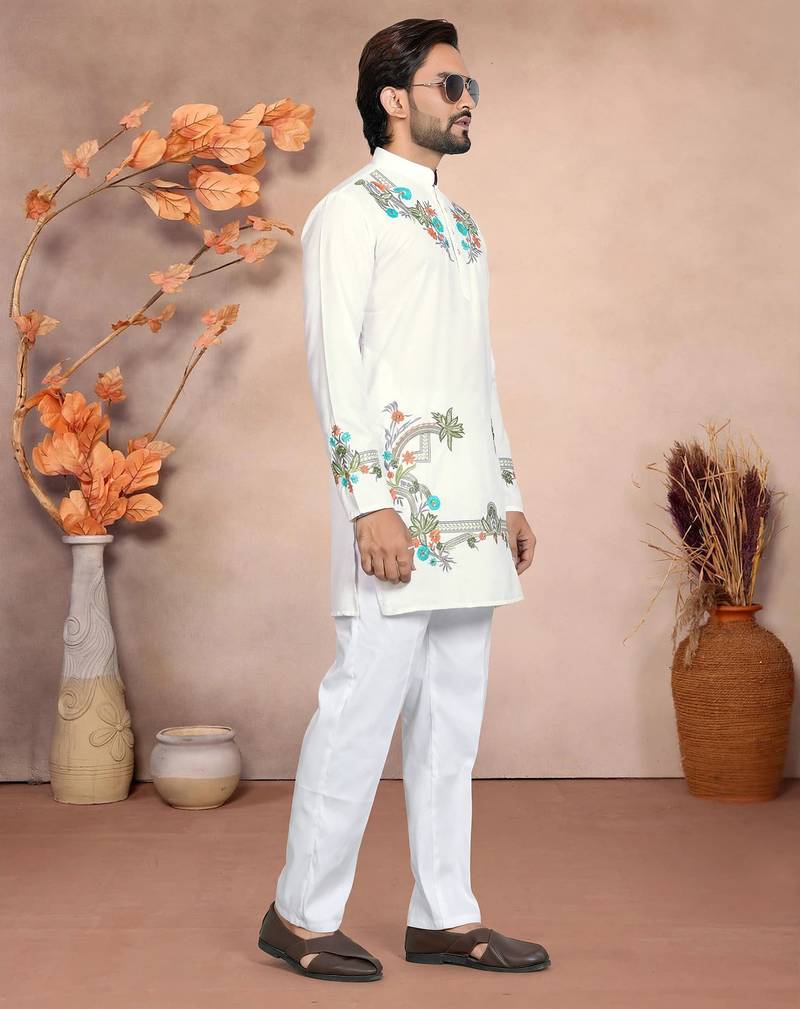 White solid silk men kurta with embroidered neck