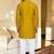 Yellow solid silk men kurta with handwork embroidered neck