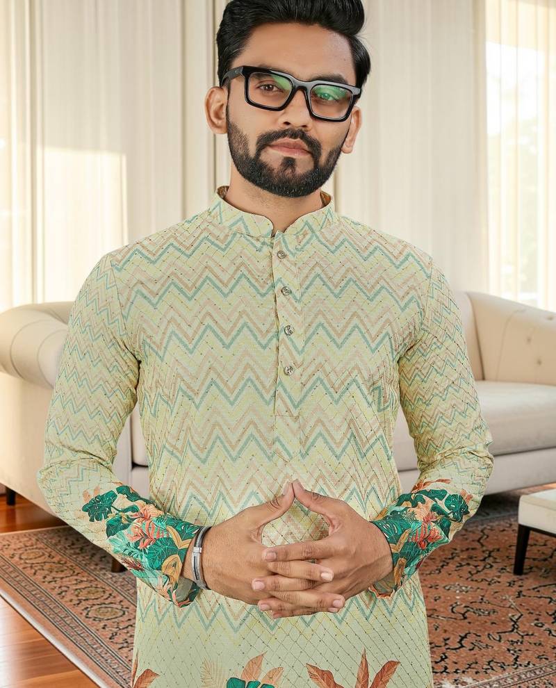 Multi color digital printed straight men kurta