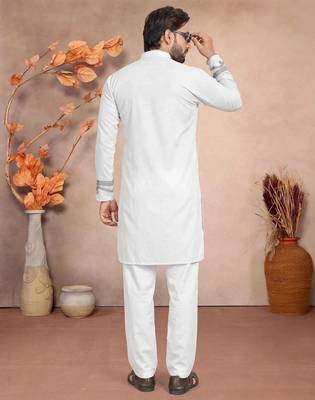 White solid silk men kurta with embroidered neck 5