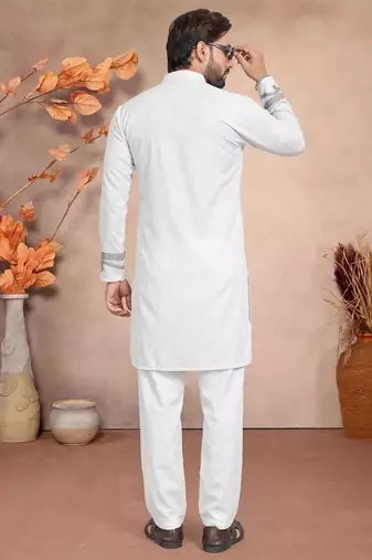 White solid silk men kurta with embroidered neck