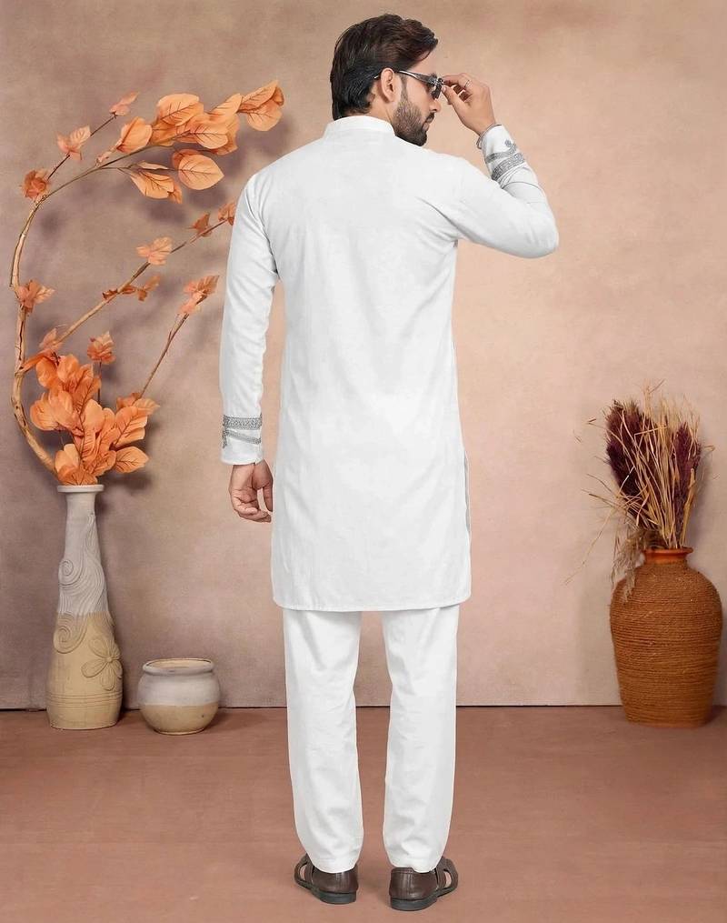 White solid silk men kurta with embroidered neck