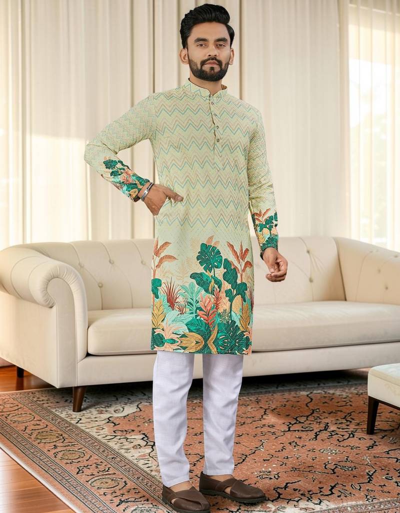 Multi color digital printed straight men kurta