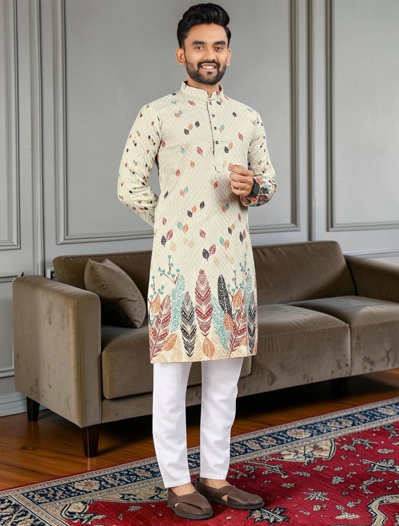 Multi color digital printed straight men kurta