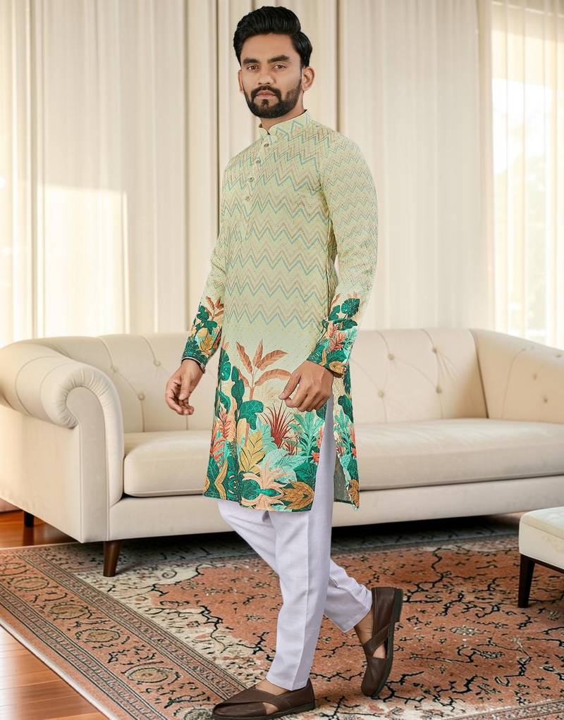Multi color digital printed straight men kurta