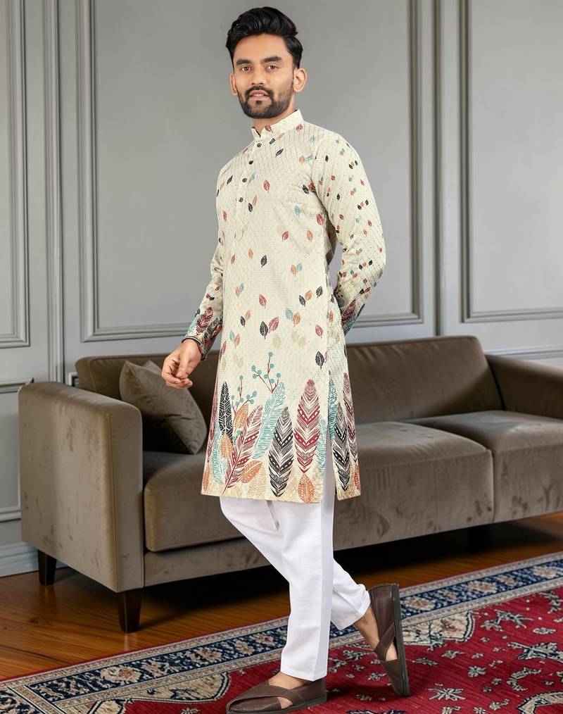 Multi color digital printed straight men kurta