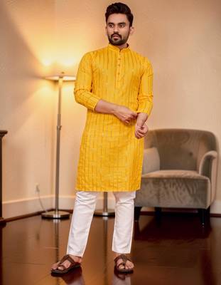 Yellow embroidered straight men kurta 1
