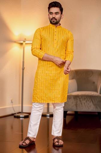 Yellow embroidered straight men kurta
