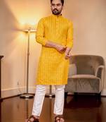 Yellow embroidered straight men kurta