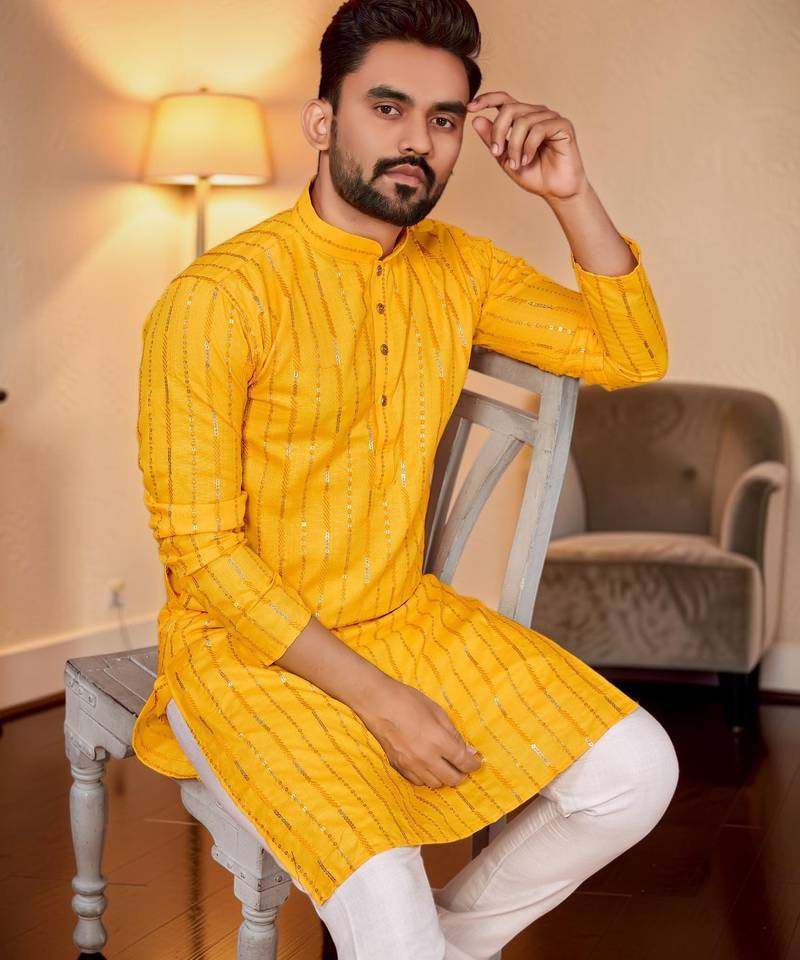 Yellow embroidered straight men kurta