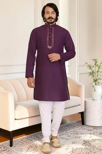 Purple mirror work straight men kurta