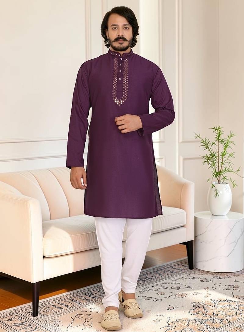 Purple mirror work straight men kurta