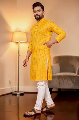Yellow embroidered straight men kurta