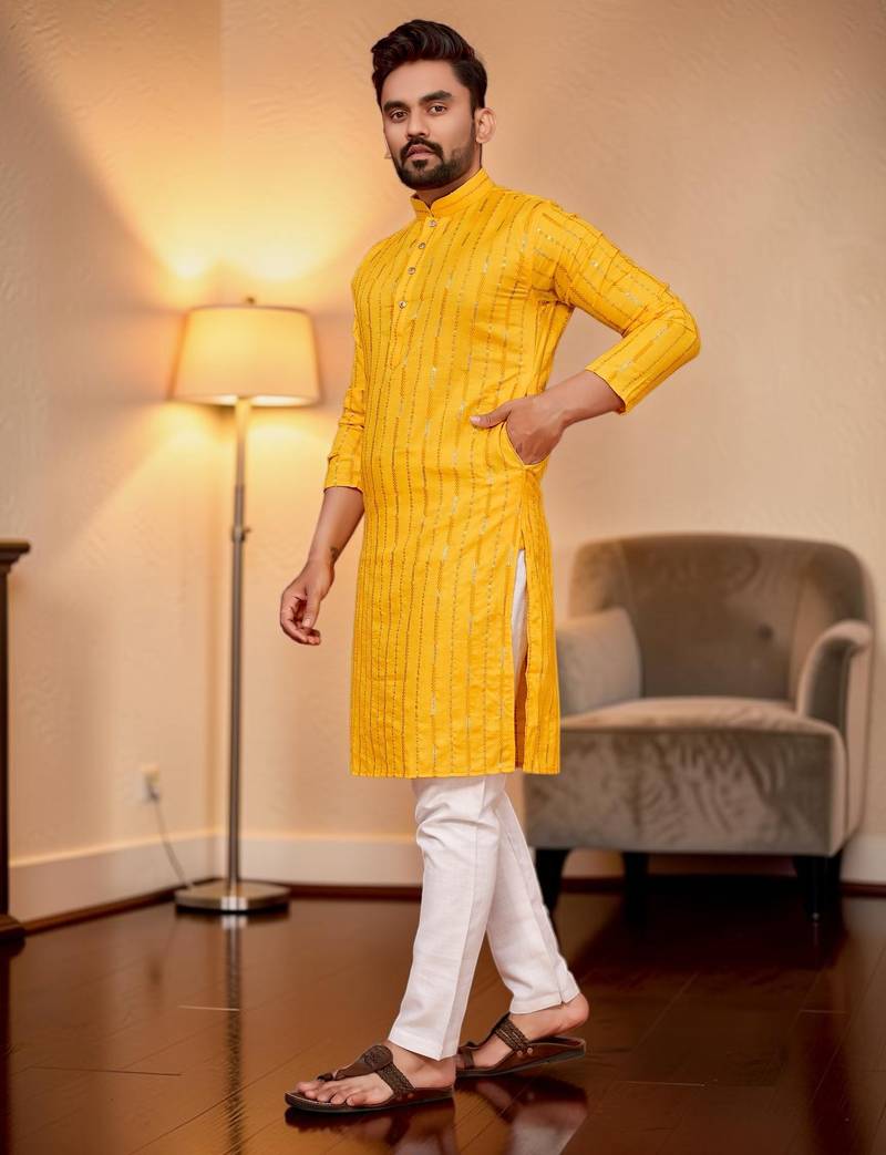 Yellow embroidered straight men kurta