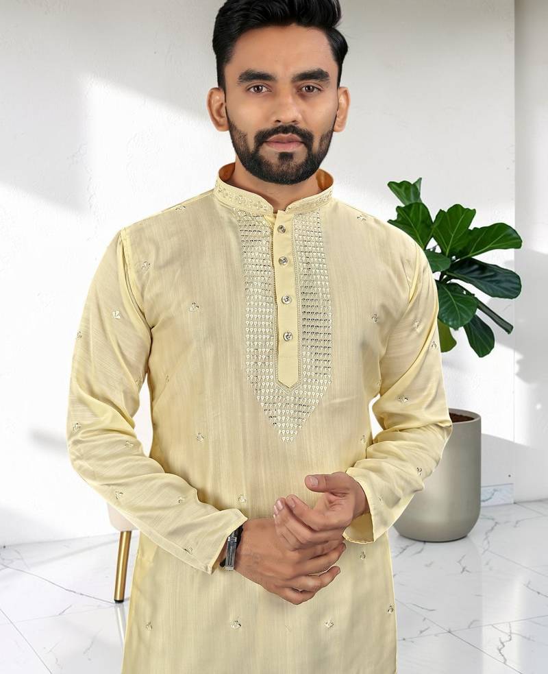 Yellow silk embroidered straight men kurta