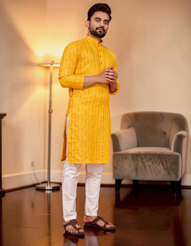 Yellow embroidered straight men kurta