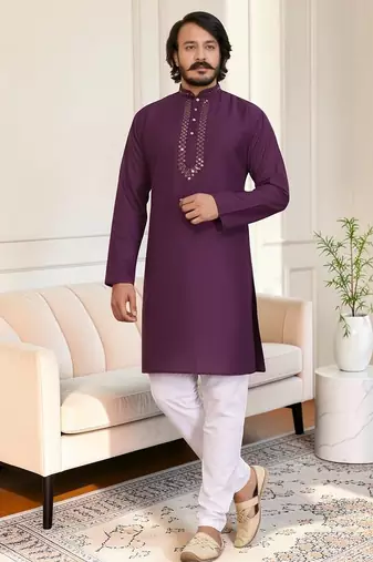 Purple mirror work straight men kurta