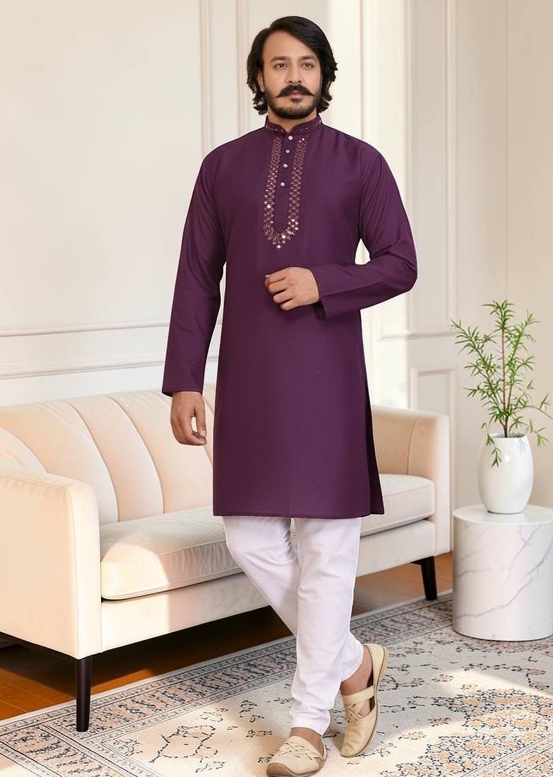 Purple mirror work straight men kurta