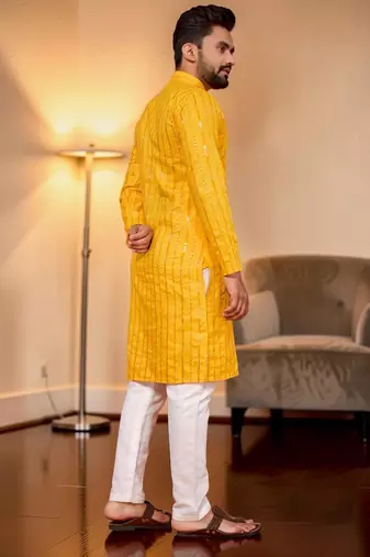 Yellow embroidered straight men kurta