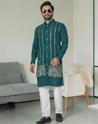 Blue silk embroidered indo-western men kurta 1