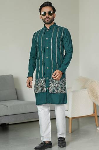 Blue silk embroidered indo-western men kurta