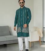 Blue silk embroidered indo-western men kurta
