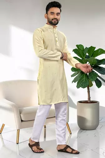 Yellow silk embroidered straight men kurta