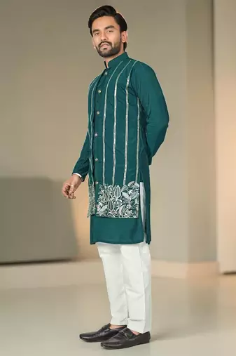 Blue silk embroidered indo-western men kurta