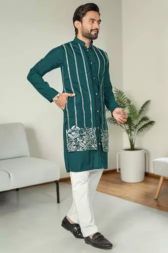 Blue silk embroidered indo-western men kurta